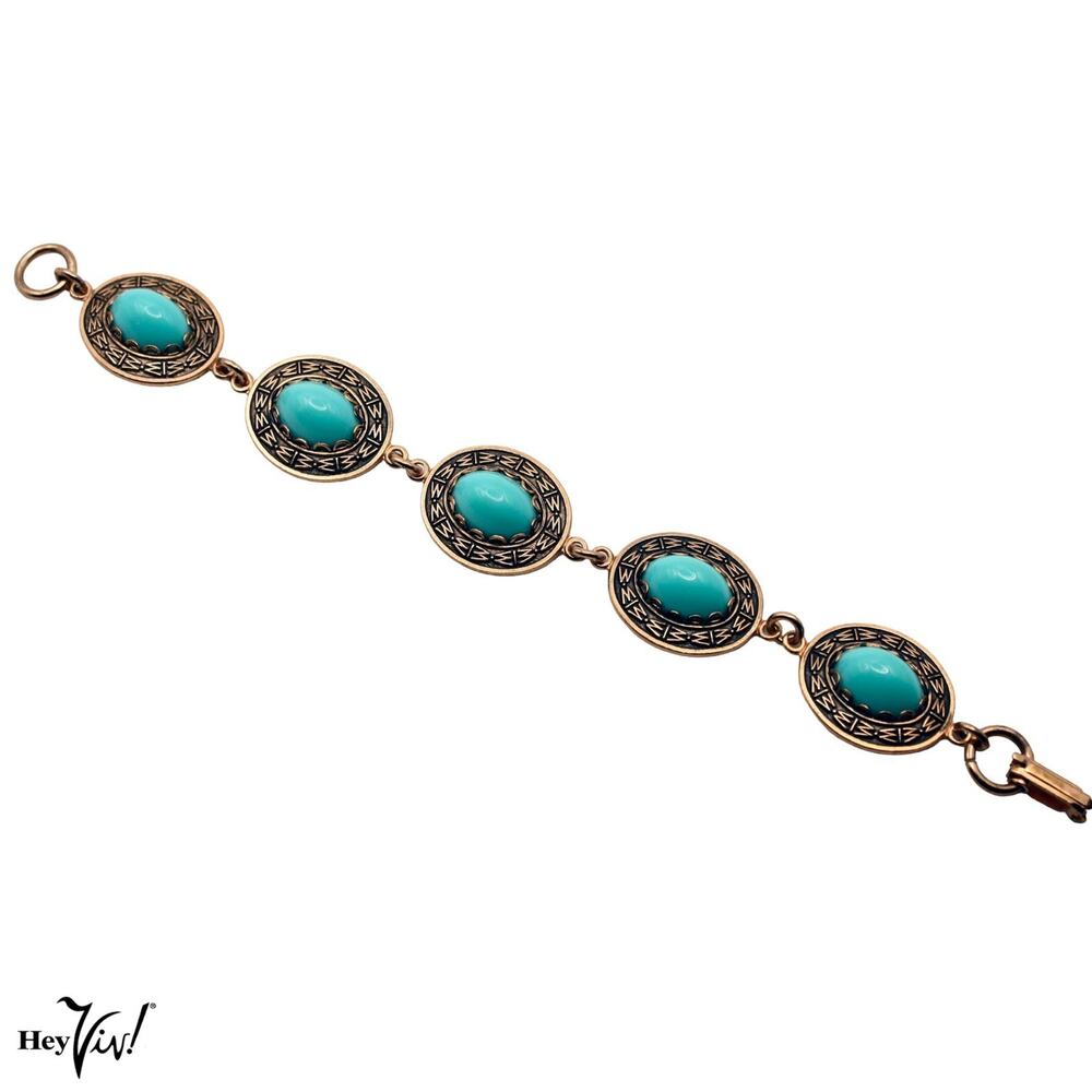 Vintage 70s 80s Copper Tone Etched Bracelet Turquoise Blue Cabochons - Hey Viv